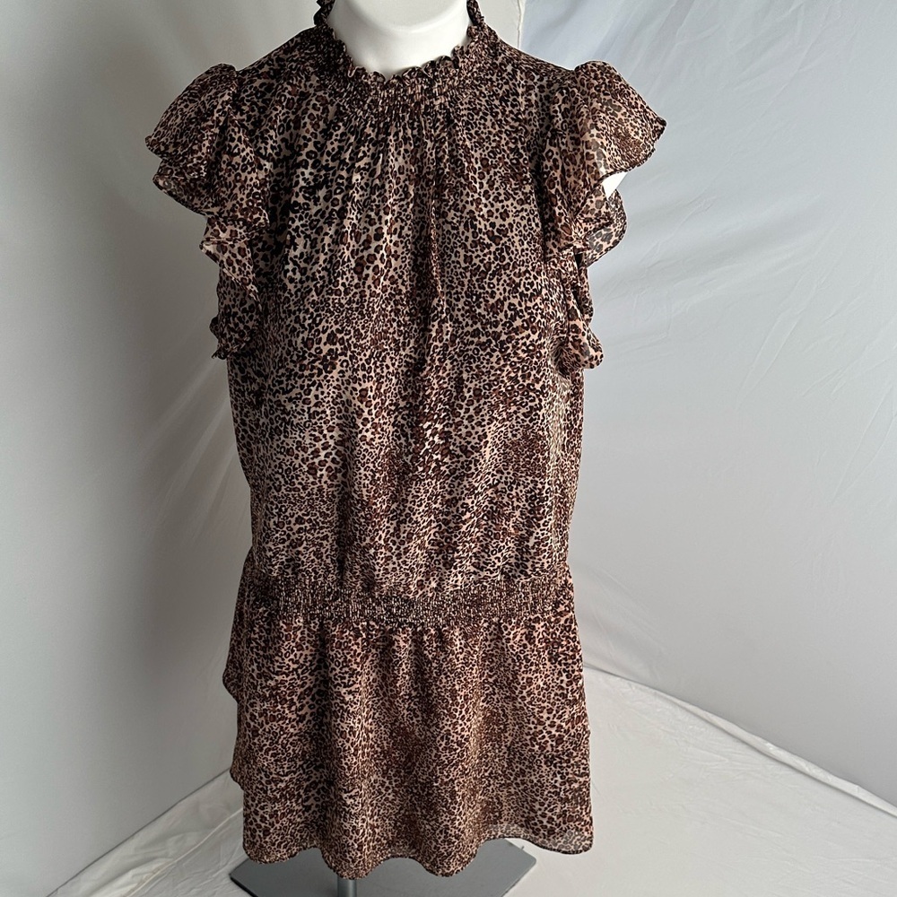 1.State black brown tan leopard print high neck tiered ruffle banded waist dress